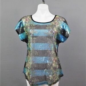 Cato Multicolor Sequin Blouse Large Striped Blue Green Shimmer Party Top Disco